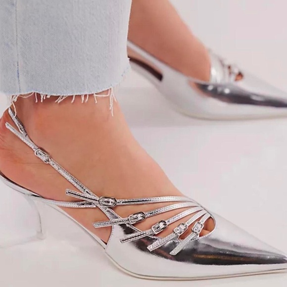 New Jeffrey Campbell Lash Slingback Heels Shoes Strappy Silver Size 8.5 - Picture 13 of 14